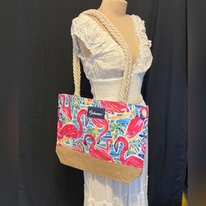 Bahamas Flamingo Print Tote Bag by Getagadget | Rope Straps | Zipper Closure